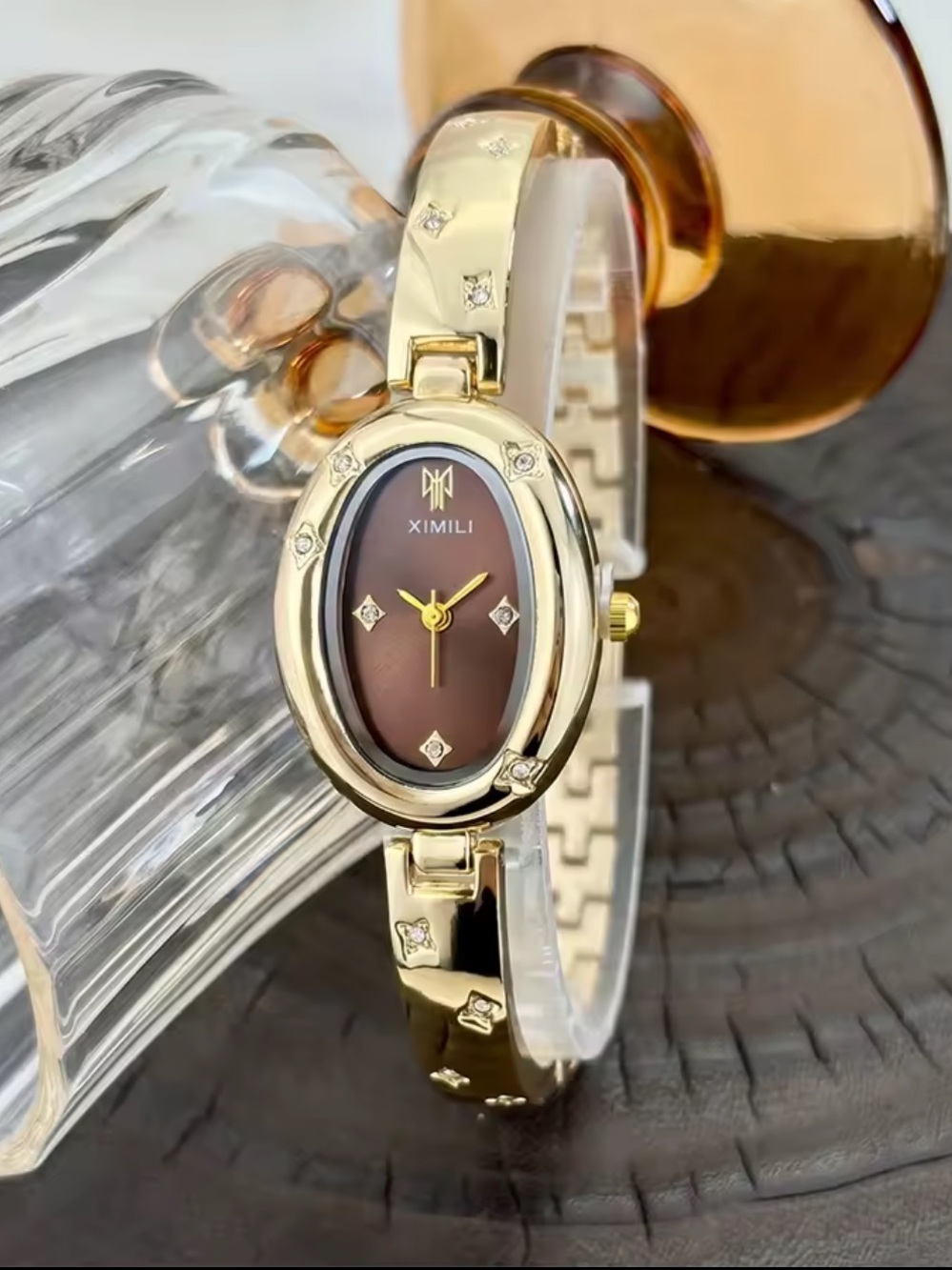 New Gold-Tone Bracelet Watch with Brown Oval Dial